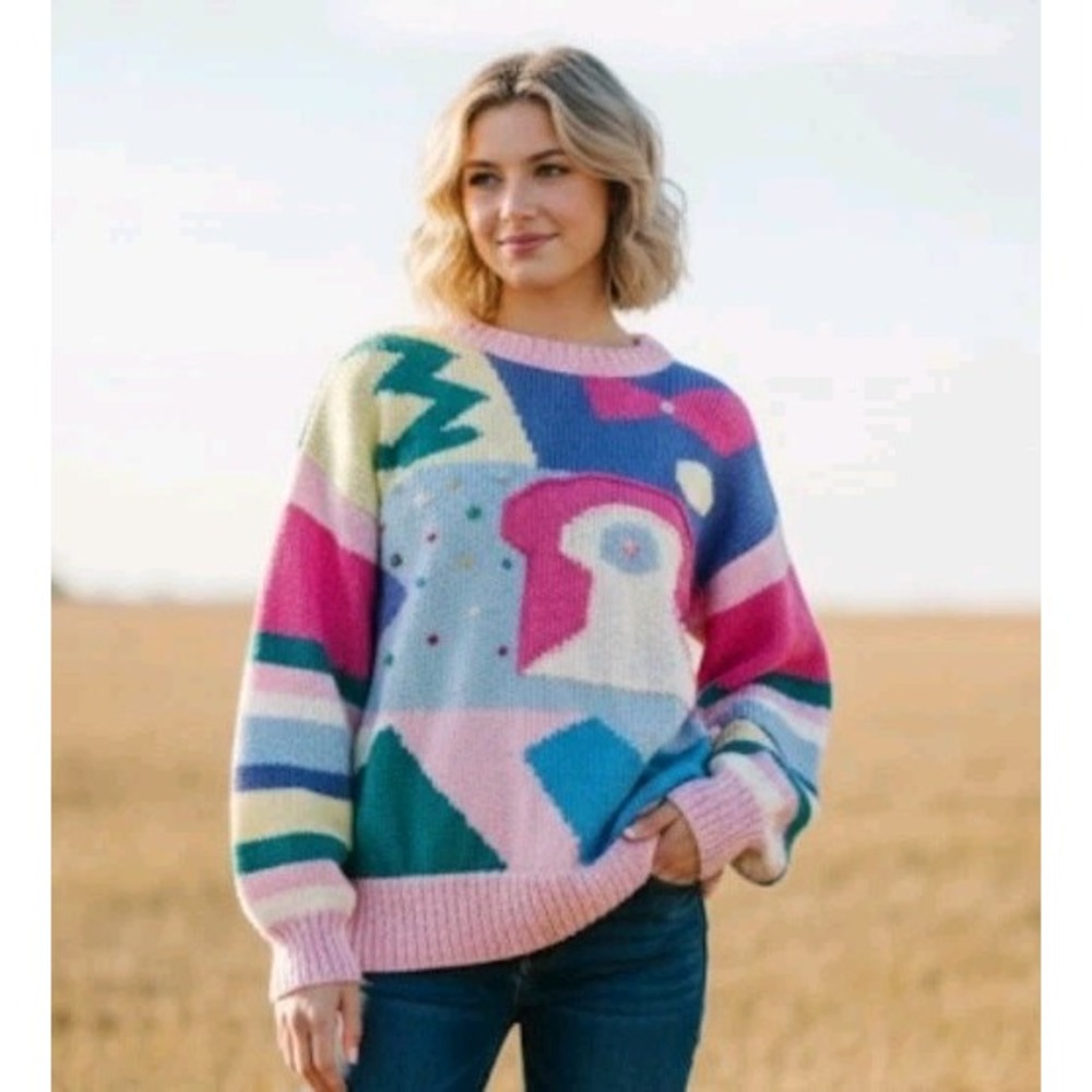 Vintage Nannell Hand Knit 80s Wool Angora Sweater Chunky  Grannycore Colorful L